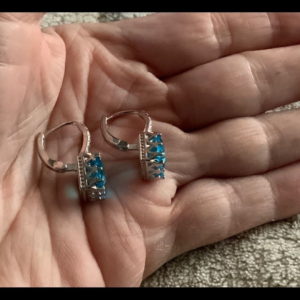 + BLUE Diamond Square Drop Earrings + - Picture 4 of 5